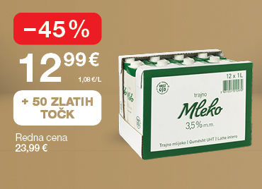Paket trajnega mleka 3,5 % m.m. (12 x 1 liter) na svetlo rjavo-zlatem ozadju. Akcijska cena 12,99 €, znižanje –45 %, redna cena 23,99 €. Ob nakupu prejmete 50 zlatih točk.