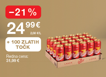 Paket piva Union Lager (24 pločevink x 0,5 L) na svetlo rjavo-zlatem ozadju. Akcijska cena 24,99 €, znižanje –21 %, redna cena 31,99 €. Ob nakupu prejmete 100 zlatih točk.