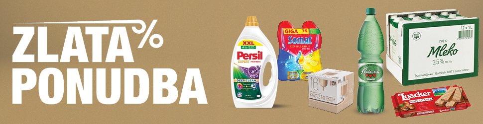 Zlata ponudba na enotnem rjavo-zlatem ozadju s prikazom izdelkov: detergent Persil XXL, kapsule za pomivalni stroj Somat Giga, paket kave z mlekom (16 kosov), plastenka Radenske, paket trajnega mleka 3,5 % m.m. (12 x 1 L) in napolitanke Loacker.