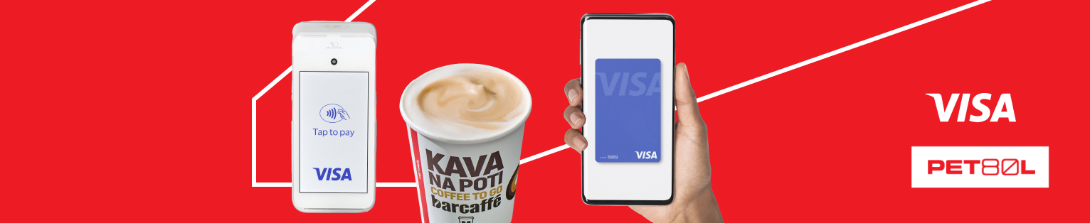 Na rdečem ozadju je v osrednjem delu prikazano brezstično plačevanje z Visa kartico ter lonček kave »Kava na poti«. Na desni strani slike sta umeščena logotipa podjetij Visa in Petrol.