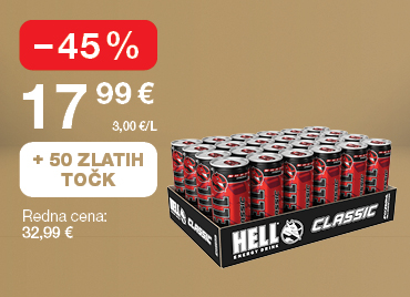 Paket energijskih napitkov Hell classic (24 x 0,25L pločevink) na svetlo rjavo-zlatem ozadju. Ob unovčitvi 50 zlatih točk akcijska cena 17,99 €, znižanje –45 %, redna cena 32,99 €.