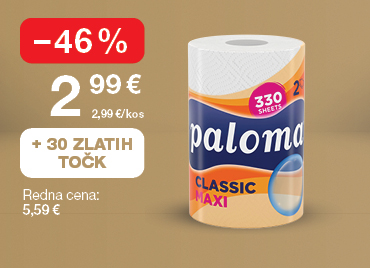 Kuhinjske brisačke  Paloma Classic Maxi, 2-slojne  330 listov , na svetlo rjavo-zlatem ozadju.ob unovčitvi 30 zlatih točk akcijska cena 2,99 €, znižanje –46 %, redna cena 5,59 €.