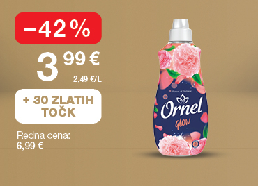 Mehčalec Ornel Glow, 1,6 litra, na svetlo rjavo-zlatem ozadju. Ob unovčitvi 30 zlatih točk akcijska cena 3,99 €, znižanje –42 %, redna cena 6,99 €.