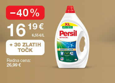 Gel za pranje perila   Persil Gel Regular 2,4751 L, 55 pranj, na svetlo rjavo-zlatem ozadju. Ob unovčitvi 30 zlatih točk akcijska cena 16,19 €, znižanje –40 %, redna cena 26,99 €.