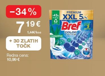 WC-obešenka Bref CA, Eucalyptus 5 x 50 g, na svetlo rjavo-zlatem ozadju. Ob unovčitvi 30 zlatih točk akcijska cena 7,19 €, znižanje –34 %, redna cena 10,99 €.