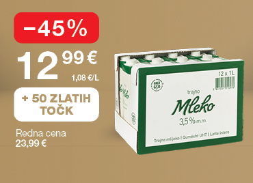 Paket trajnega mleka 3,5 % m.m. (12 x 1 liter) na svetlo rjavo-zlatem ozadju. Ob unovčitvi 50 zlatih točk akcijska cena 12,99 €, znižanje –45 %, redna cena 23,99 €.
