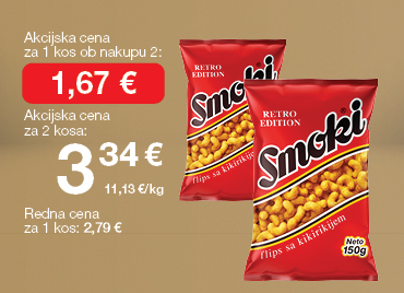 Flips, Smoki, retro edition 150 g, na svetlo rjavo-zlatem ozadju. Ob unovčenju 8 zlatih točk akcijska cena za 1 kos ob nakupu 2 je 1,67 €, skupna cena za 2 kosa je 3,34 €. Redna cena za 1 kos: 2,79 €.