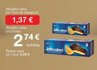 Biskvit, Jaffa cakes 150 g, na svetlo rjavo-zlatem ozadju. Ob unovčenju 8 zlatih točk akcijska cena za 1 kos ob nakupu 2 je 1,37 €, skupna cena za 2 kosa je 2,74 €. Redna cena za 1 kos: 2,29 €.