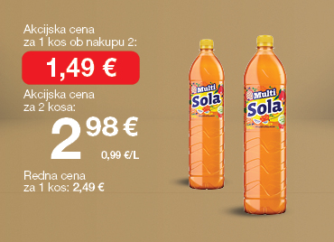 Pijača Multisola 1,5 L, na svetlo rjavo-zlatem ozadju. Ob unovčenju 8 zlatih točk akcijska cena za 1 kos ob nakupu 2 je 1,49 €, skupna cena za 2 kosa je 2,98 €. Redna cena za 1 kos: 2,49 €.