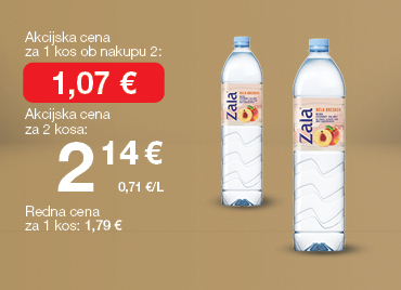Voda Zala, bela breskev 1,5 L, na svetlo rjavo-zlatem ozadju. Ob unovčenju 8 zlatih točk akcijska cena za 1 kos ob nakupu 2 je 1,07 €, skupna cena za 2 kosa je 2,14 €. Redna cena za 1 kos: 1,79 €.