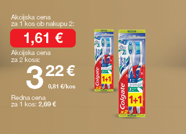 Zobna ščetka Colgate Triple Action 1+1, na svetlo rjavo-zlatem ozadju. Ob unovčenju 8 zlatih točk akcijska cena za 1 kos ob nakupu 2 je 1,61€, skupna cena za 2 kosa je 3,22 €. Redna cena za 1 kos: 2,69 €.