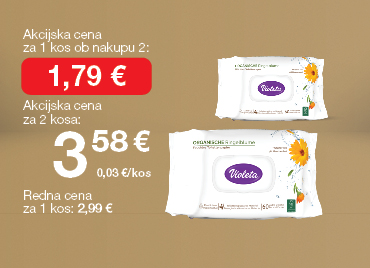 Vlažilni toaletni papir Violeta Sensitive 60 kos, na svetlo rjavo-zlatem ozadju. Ob unovčenju 8 zlatih točk akcijska cena za 1 kos ob nakupu 2 je 1,79€, skupna cena za 2 kosa je 3,58 €. Redna cena za 1 kos: 2,99 €.