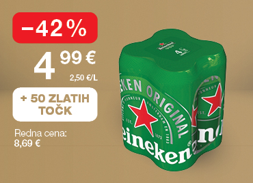 Paket piva Heineken (4 pločevinke) na svetlo rjavo-zlatem ozadju. Ob unovčenju 50 zlatih točk akcijska cena 4,99 €, znižanje -42 %, redna cena 8,69 €.
