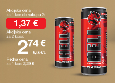 Energijski napitek Hell Clasic 0,25 L na svetlo rjavo-zlatem ozadju. Ob unovčenju 8 zlatih točk akcijska cena za 1 kos ob nakupu 2 je 1,37 €, skupna cena za 2 kosa je 2,74 €. Redna cena za 1 kos: 2,29 €.