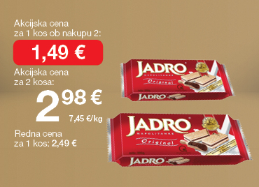 Napolitanke Jadro 200 g na svetlo rjavo-zlatem ozadju. Ob unovčenju 8 zlatih točk akcijska cena za 1 kos ob nakupu 2 je 1,49 €, skupna cena za 2 kosa je 2,98 €. Redna cena za 1 kos: 2,49 €.