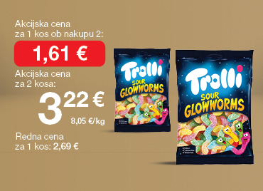 Bonboni Trolli kresničke 200 g, na svetlo rjavo-zlatem ozadju. Ob unovčenju 8 zlatih točk akcijska cena za 1 kos ob nakupu 2 je 1,61 €, skupna cena za 2 kosa je 3,22 €. Redna cena za 1 kos: 2,69 €.