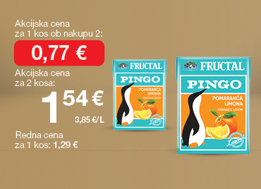 Sok Pingo 200 mL, na svetlo rjavo-zlatem ozadju. Ob unovčenju 8 zlatih točk akcijska cena za 1 kos ob nakupu 2 je 0,77 €, skupna cena za 2 kosa je 1,54 €. Redna cena za 1 kos: 1,29 €.