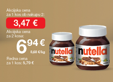 Lešnikov namaz Nutella 400 g, na svetlo rjavo-zlatem ozadju. Ob unovčenju 8 zlatih točk akcijska cena za 1 kos ob nakupu 2 je 3,47 €, skupna cena za 2 kosa je 6,94 €. Redna cena za 1 kos: 5,79 €.