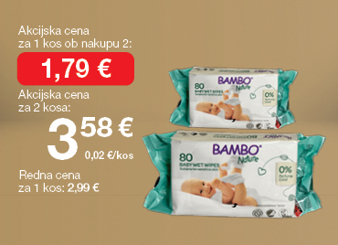 Čistilni robčki Bambo Nature 80 kos, na svetlo rjavo-zlatem ozadju. Ob unovčenju 8 zlatih točk akcijska cena za 1 kos ob nakupu 2 je 1,79 €, skupna cena za 2 kosa je 3,58 €. Redna cena za 1 kos: 2,99 €.