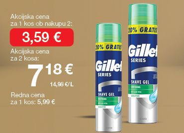 Gel za britje Gillette 200 + 40 mL, na svetlo rjavo-zlatem ozadju. Ob unovčenju 8 zlatih točk akcijska cena za 1 kos ob nakupu 2 je 3,59€, skupna cena za 2 kosa je 7,18 €. Redna cena za 1 kos: 5,99 €.