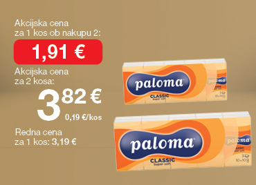 Robčki Paloma 10 kos, na svetlo rjavo-zlatem ozadju. Ob unovčenju 8 zlatih točk akcijska cena za 1 kos ob nakupu 2 je 1,91€, skupna cena za 2 kosa je 3,82 €. Redna cena za 1 kos: 3,19 €.