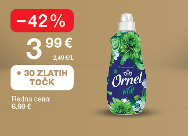 Mehčalec Ornel Wish, 1,6 litra, na svetlo rjavo-zlatem ozadju. Ob unovčitvi 30 zlatih točk akcijska cena 3,99 €, znižanje –42 %, redna cena 6,99 €.