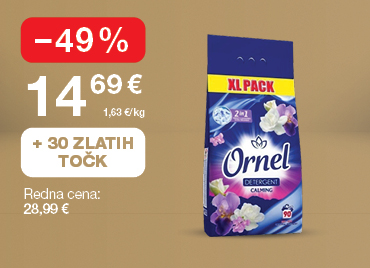 Pralni prašek Ornel Calming, 9 kg na svetlo rjavo-zlatem ozadju. Ob unovčitvi 30 zlatih točk akcijska cena 14,69 €, znižanje –49 %, redna cena 28,99 €.