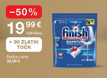 Tablete za pranje posode  Finish Quantum XXL 100 tablet na svetlo rjavo-zlatem ozadju. Ob unovčitvi 30 zlatih točk akcijska cena 19,99 €, znižanje –50 %, redna cena 39,99 €.