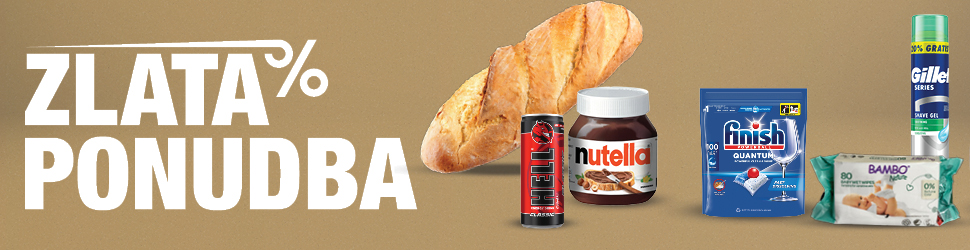 Izdelki na svetlo rjavo-zlatem ozadju: Kruh Žito beli rustikalni 500 g, energijski napitek Hell Clasic 0,25 L, lešnikov namaz Nutella 400 g, tablete za pranje posode Finish Quantum XXL 100 tablet, čistilni robčki bambo Nature 80 kos, gel za britje Gillette 200 + 40 mL in mehčalec Ornel Glow 1,6 L.