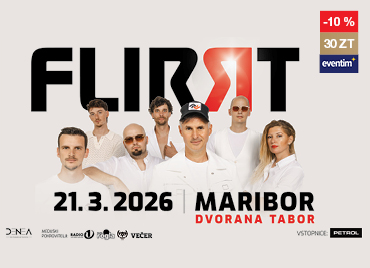 Na sliki je prikazano oglasno vabilo za koncert skupine Flirrt. V ospredju so člani skupine, vsi oblečeni v bela oblačila, predstavljeni na belem ozadju. V zgornjem delu je napis »FLIRRT«, kjer je črka »R« oblikovana v rdeči barvi s svetlobnim učinkom. Pod napisom so prikazani datumi in podatki o dogodku: koncert bo 21. 3. 2026 v Mariboru, v dvorani Tabor. V desnem zgornjem kotu je logotip »eventim« z oznako popusta »-10 %« in ceno »30 ZT«. Spodaj so logotipi medijskih partnerjev in napis »Vstopnice Petrol«.