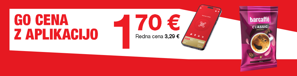 Na sliki z rdeče-belimi barvnimi elementi je na levi strani prikazan napis »GO CENA Z APLIKACIJO«. Na sredini je poudarjena cena 1,70 €, pod njo pa napis »Redna cena 3,29 €«. Na desni strani slike sta prikazana 100-gramsko pakiranje kave Barcaffè Classic in pametni telefon z odprto aplikacijo Petrol GO.