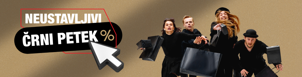 Na sliki je prikazano oglasno sporočilo za akcijo »Neustavljivi Črni petek«. Na levi strani je velik črn gumb z napisom NEUSTAVLJIVI ČRNI PETEK %, obrobljen z rdečo črto in s puščico računalniške miške, ki kaže nanj. Ozadje je svetlo rjave barve z rahlo teksturo. Na desni strani slike so štiri osebe, oblečene v črna oblačila, ki v teku ali gibanju nosijo nakupovalne vrečke, kar simbolizira nakupovalno evforijo in dinamiko Črnega petka. V ospredju prevladuje kontrast med črno barvo besedila in svetlim ozadjem, kar poudari sporočilo akcije.