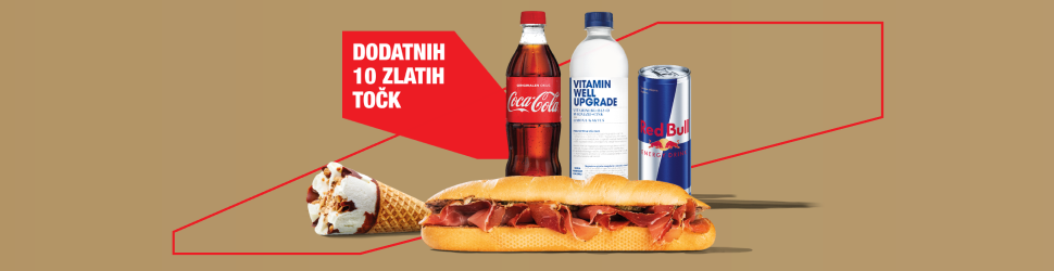 Na sliki so prikazani izdelki Coca-Cola, Vitamin Well Upgrade, Red Bull, sendvič s pršutom in sladoledni kornet, postavljeni na bež ozadju. Ob izdelkih se nahaja rdeče polje z napisom »DODATNIH 10 ZLATIH TOČK«, v ozadju pa poteka rdeča geometrijska linija, ki vizualno poudarja izdelke.