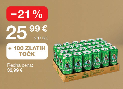 Paket piva Laško Zlatorog (24 pločevink) na svetlo rjavo-zlatem ozadju. Ob unovčitvi 100 zlatih točk akcijska cena 25,99 €, znižanje –21 %, redna cena 32,99 €.