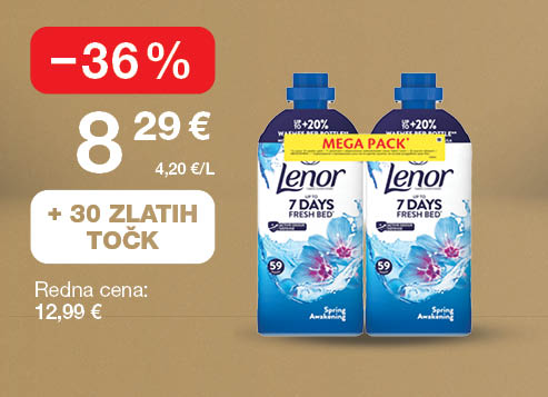 Mehčalec Lenor Spring Awakening 2,478 litra, na svetlo rjavo-zlatem ozadju. Ob unovčitvi 30 zlatih točk akcijska cena 8,29 €, znižanje –36 %, redna cena 12,99 €.