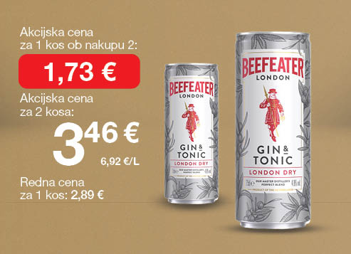 Gin & tonik Beefeater dry,   0,25 L, na svetlo rjavo-zlatem ozadju. Ob unovčenju 8 zlatih točk akcijska cena za 1 kos ob nakupu 2 je 1,73 €, skupna cena za 2 kosa je 3,46 €. Redna cena za 1 kos: 2,89 €.