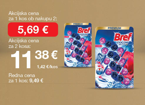 WC-obešanka Bref CA Flower 4 x 50 g, na svetlo rjavo-zlatem ozadju. Ob unovčenju 8 zlatih točk akcijska cena za 1 kos ob nakupu 2 je 5,69€, skupna cena za 2 kosa je 11,38 €. Redna cena za 1 kos: 9,49 €.