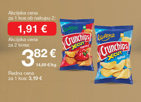 Čips Crunchips X-cut  130 g, na svetlo rjavo-zlatem ozadju. Ob unovčenju 8 zlatih točk akcijska cena za 1 kos ob nakupu 2 je 1,91 €, skupna cena za 2 kosa je 3,82 €. Redna cena za 1 kos: 3,19 €.