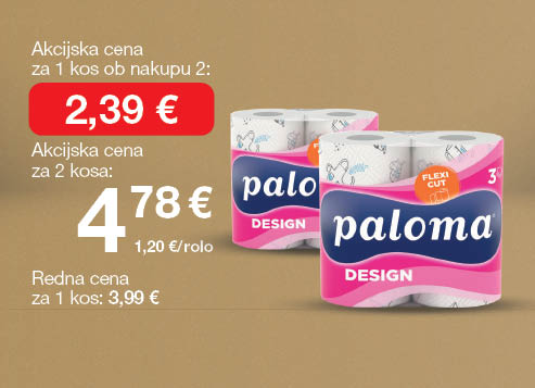 Kuhinjske brisače Paloma Multi Fun Design 3-slojne, 150 lističev na svetlo rjavo-zlatem ozadju. Ob unovčenju 8 zlatih točk akcijska cena za 1 kos ob nakupu 2 je 2,39 €, skupna cena za 2 kosa je 4,78 €. Redna cena za 1 kos: 3,99 €.