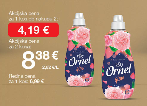 Mehčalec Mehčalec Ornel                                                                 Glow 1,6 L, na svetlo rjavo-zlatem ozadju. Ob unovčenju 8 zlatih točk akcijska cena za 1 kos ob nakupu 2 je 4,19€, skupna cena za 2 kosa je 8,38 €. Redna cena za 1 kos: 6,99 €.
