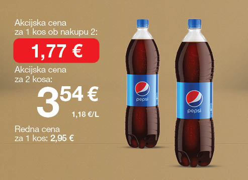 Gazirana pijača Pepsi 1,5 L                                                       na svetlo rjavo-zlatem ozadju. Ob unovčenju 8 zlatih točk akcijska cena za 1 kos ob nakupu 2 je 1,77 €, skupna cena za 2 kosa je 3,54 €. Redna cena za 1 kos: 2,95 €.