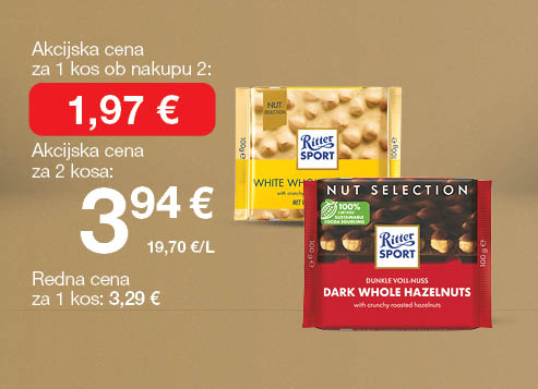 Čokolada Ritter sport  100 g na svetlo rjavo-zlatem ozadju. Ob unovčenju 8 zlatih točk akcijska cena za 1 kos ob nakupu 2 je 1,97 €, skupna cena za 2 kosa je 3,94 €. Redna cena za 1 kos: 3,29 €.