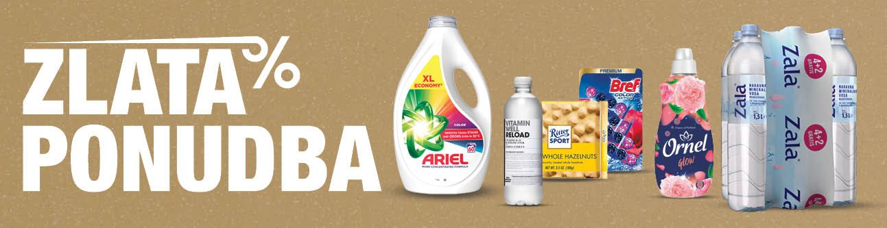 Zlata ponudba na enotnem rjavo-zlatem ozadju s prikazom izdelkov: Tekoči detergent Ariel Color, Vitamin Well voda, Čokolada Ritter sport, bela čokolada s celimi lešniki, 100 g, WC-obešanka Bref CA Flower, 4 x 50 g, Mehčalec Ornel Glow, 1,6 L   in 6kosov voda Zala 1,5 L.