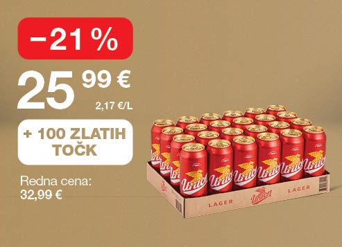 Paket piva Union Lager (24 pločevink) na svetlo rjavo-zlatem ozadju. Ob unovčitvi 100 zlatih točk akcijska cena 25,99 €, znižanje –21 %, redna cena 32,99 €.