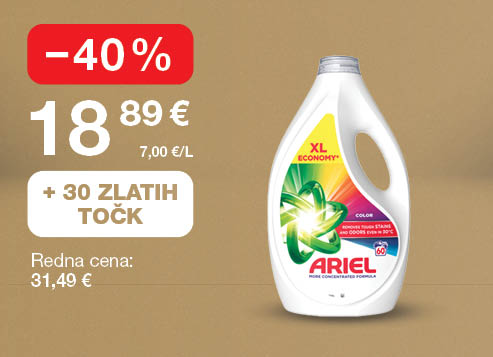 Tekoči detergent Ariel Color 2,7 L na svetlo rjavo-zlatem ozadju. Ob unovčitvi 30 zlatih točk akcijska cena 18,89 €, znižanje –40 %, redna cena 31,49 €.