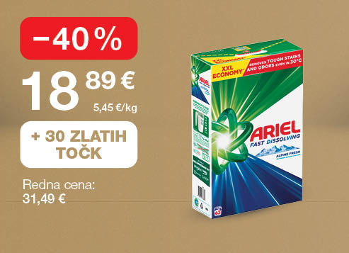 Pralni prašek Ariel Mountain Spring 3,465 kg na svetlo rjavo-zlatem ozadju. Ob unovčitvi 30 zlatih točk akcijska cena 18,89 €, znižanje –40 %, redna cena 31,49 €.