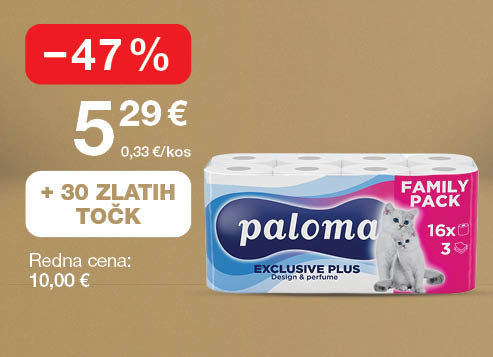Toaletni papir Paloma Exclusive, Family pack, 3-slojni, 16 rol, na svetlo rjavo-zlatem ozadju. Ob unovčitvi 30 zlatih točk akcijska cena 5,29 €, znižanje –47 %, redna cena 10,00 €.