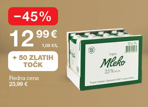Paket trajnega mleka 3,5 % m.m. (12 × 1L) na svetlo rjavo-zlatem ozadju. Ob unovčenju 50 zlatih točk akcijska cena 12,99 €, znižanje -45 %, redna cena 23,99 €.
