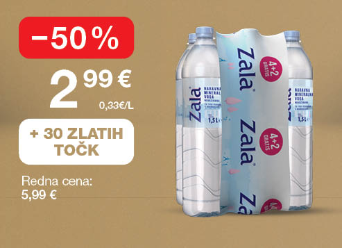 Voda Zala 6x na svetlo rjavo-zlatem ozadju. Ob unovčenju 30 zlatih točk akcijska cena 2,99 €, znižanje -50 %, redna cena 5,99 €.