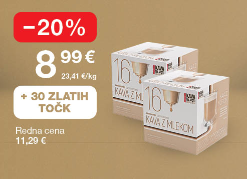Kapsule za kavo Na poti, kava z mlekom, 2 x 192 g  , na svetlo rjavo-zlatem ozadju. Ob unovčitvi 30 zlatih točk akcijska cena 8,99 €, znižanje –20 %, redna cena 11,29 €.